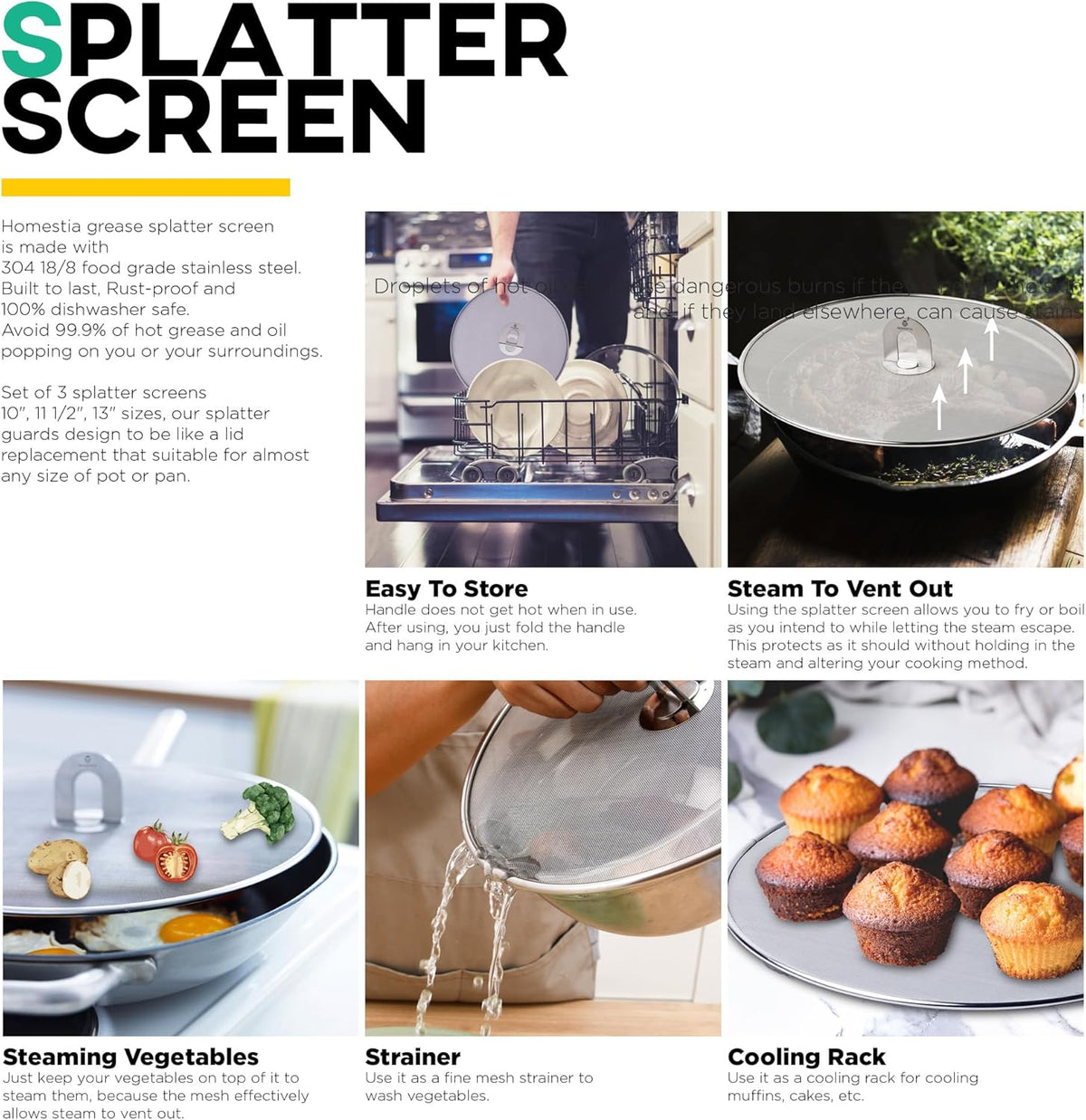 Homestia 11.5'' Splatter Screen for Cooking - Stainless Steel Grease Splatter Guard for Frying Pan, No Cooking Cover Oil Mess No Burns, Ultra Fine Mesh Lids for Sizzling Bacon or Popcorn