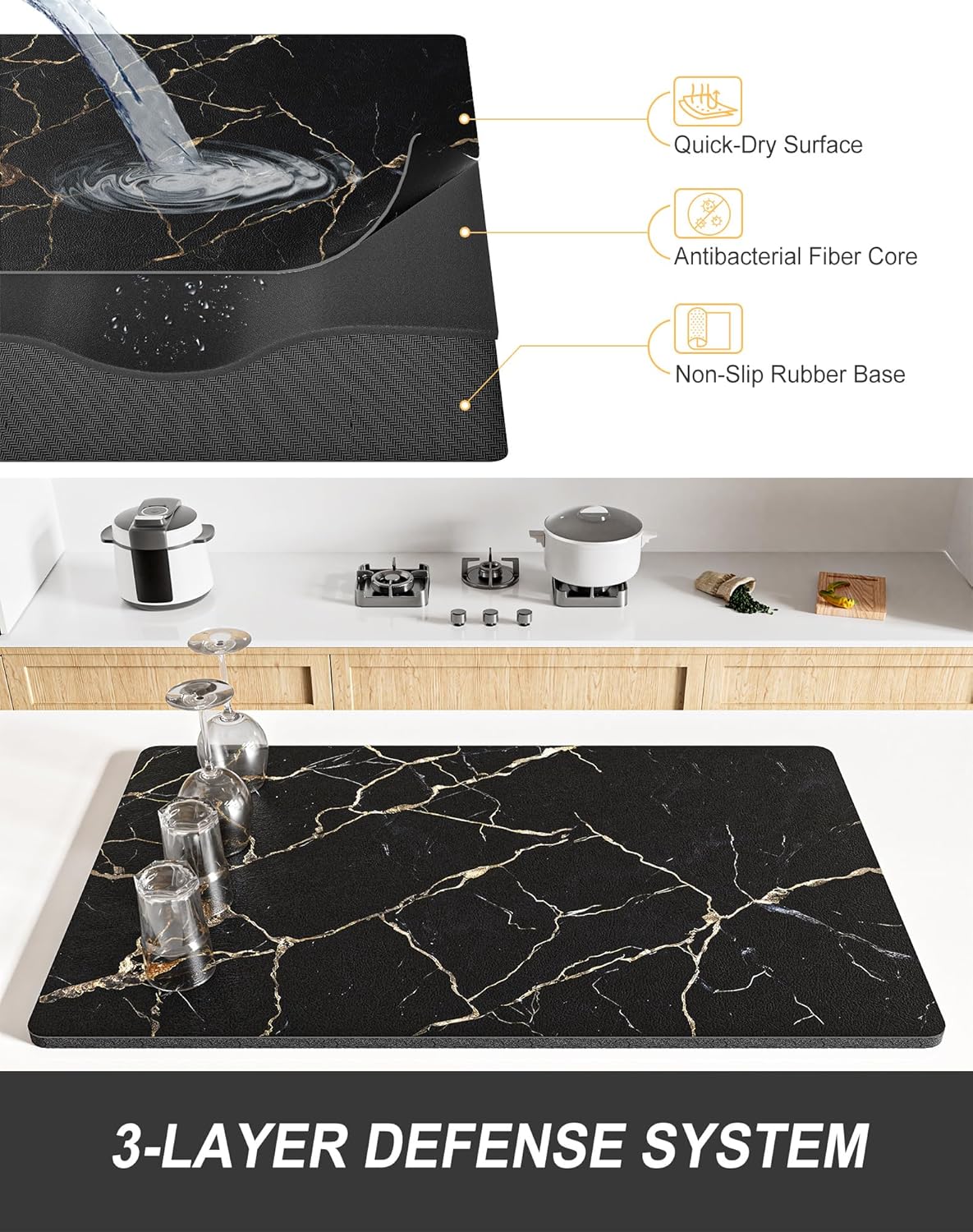 Rnivvi Dish Drying Mat for Kitchen Counter, 12 x 19" Cute Marble Super Absorbent Draining Pad, Non-Slip Heat Resistant Coffee Bar Mats for Coffee Machine Station Accessories, Black Gold Dish Rack Pad