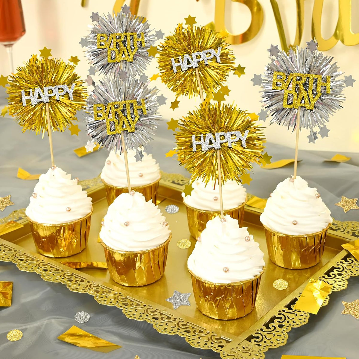 LOLStar 12 PCS Happy Birthday Cake Toppers, Gold and Silver Foil Cupcake Toppers, Glitter Tinsel Cupcake Decor, Food Picks Drink Stirrers Cocktail Toothpicks for Celebrating Party Supplies