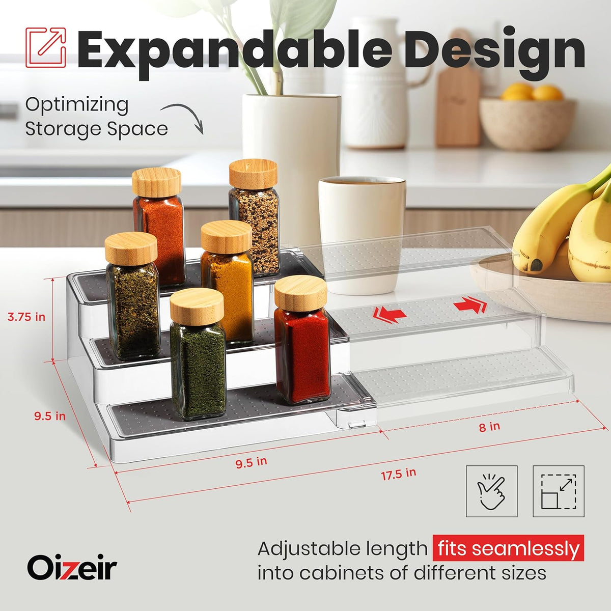 Expandable Spice Organizer Rack - 3-Tier - Clear Adjustable Tiered Shelf Spices Organization for Kitchen Cabinet and Pantry Storage