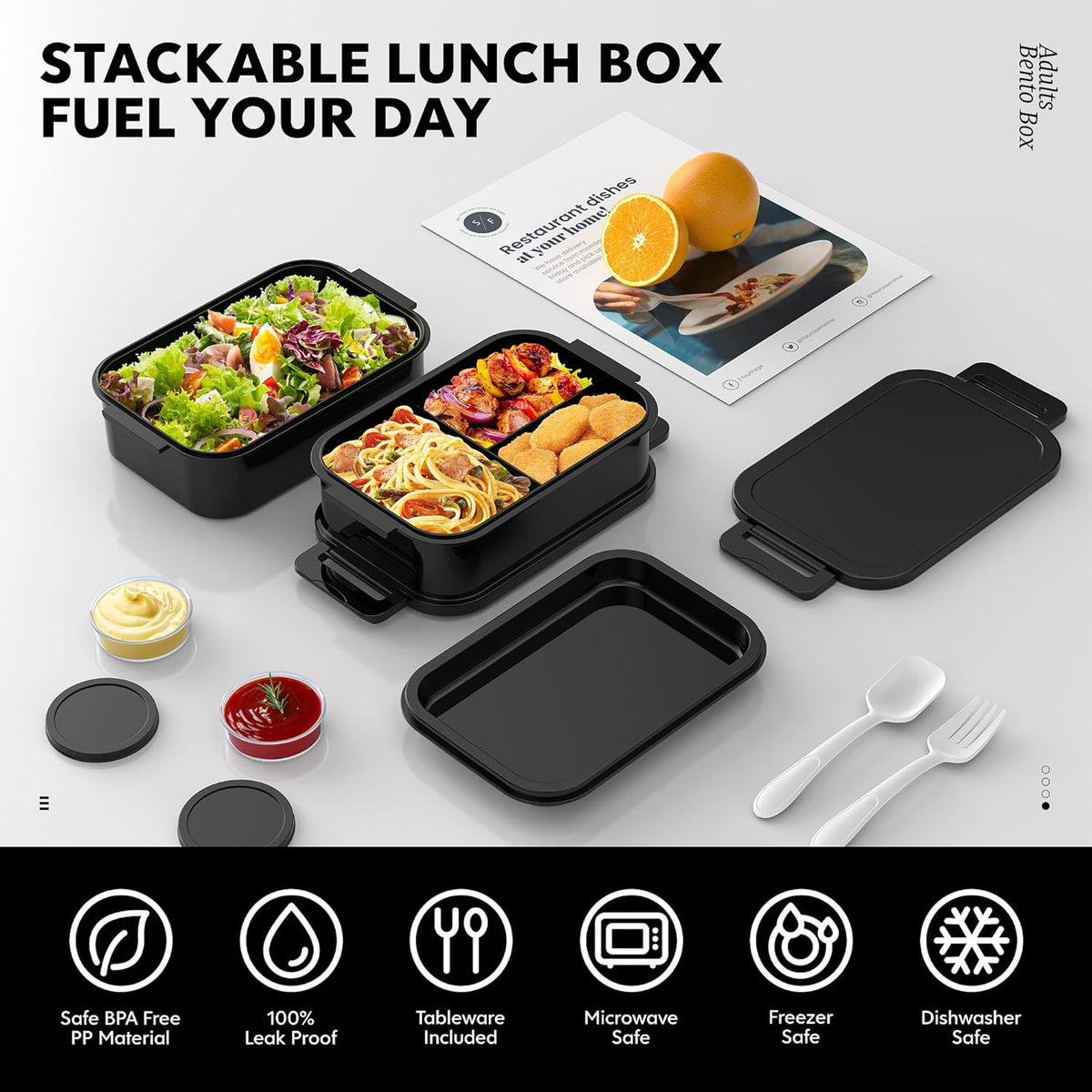 Jelife Adult Bento Box Lunch Box - Large Style Stackable Bento Lunch Box for Adults, 72oz All-in-One 3 Layers Bento Boxes Leak-Proof Lunchbox with Utensil Sauce Containers for Dining Out,Work, Black