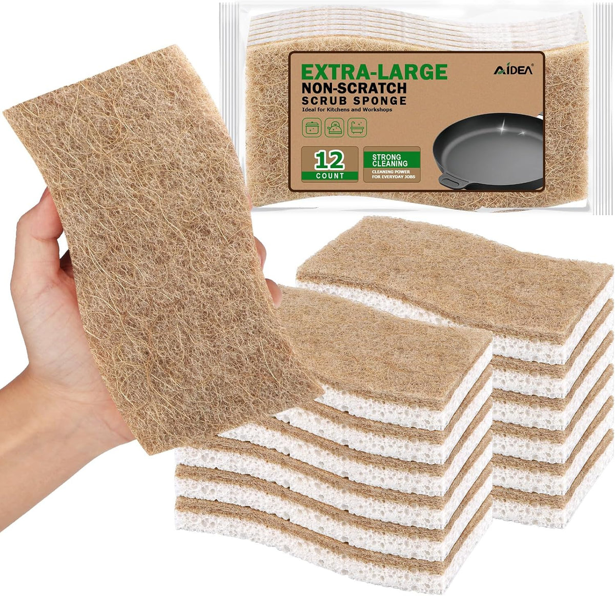 AIDEA XL Scrub Sponges Non-Scratch, 12Count, Large Natural Sponge for Non Stick Cookware, Sponges Kitchen, Cellulose Cleaning Sponge for Dishes, Kitchen, Bathroom, Household