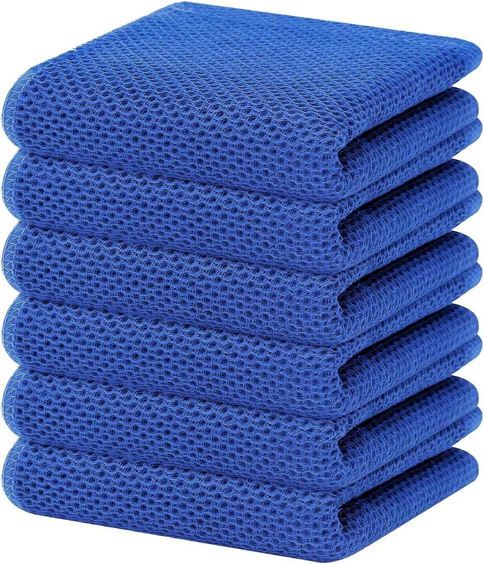 Homaxy 100% Cotton Waffle Weave Kitchen Dish Towels, Ultra Soft Absorbent Quick Drying Cleaning Towel, 13 x 28 Inches, 6-Pack, Blueberry