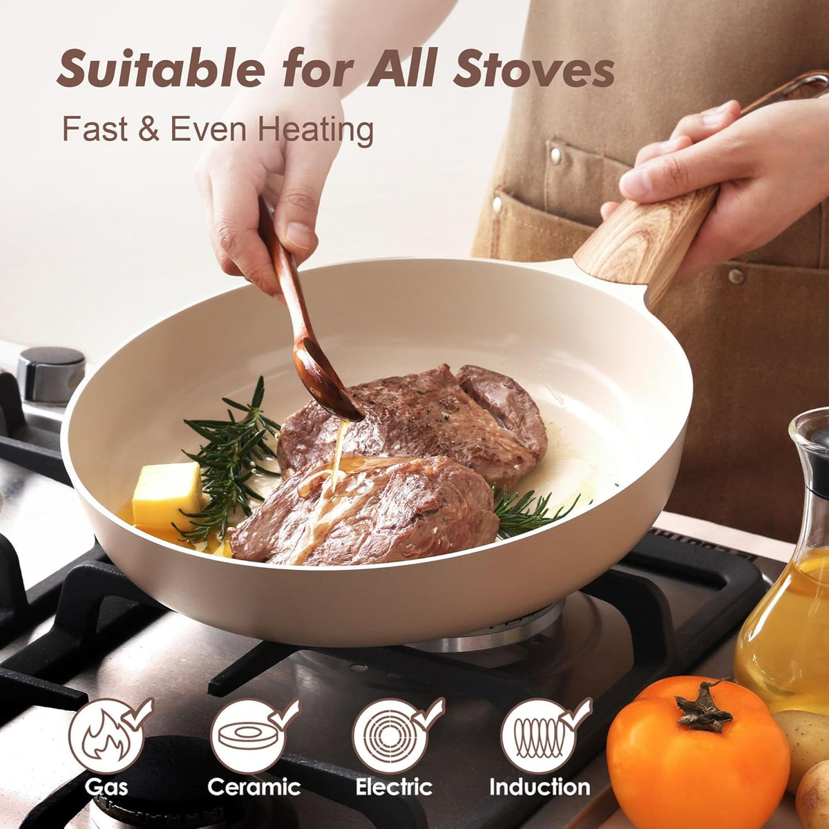 SENSARTE Ceramic Nonstick Frying Pan Skillet 9.5Inch Non Stick Omelette Pans, Non-toxic Healthy Kitchen Cooking Chef's Pan, Free of Intentionally Added PFOA/PFAS/PTFE, Induction Compatible, Taupe