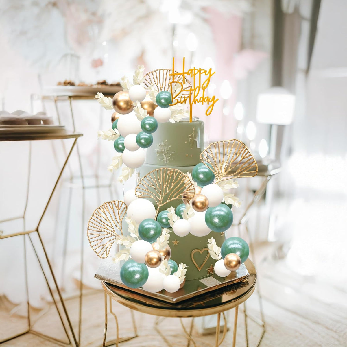 Gyufise 57Pcs Balls Cake Topper Boho Grass Cake topper Pearl Balls Acrylic Happy Birthday Cake Decorations for Wedding Baby Shower Birthday Boho Themed Party Supplies Pearl Green