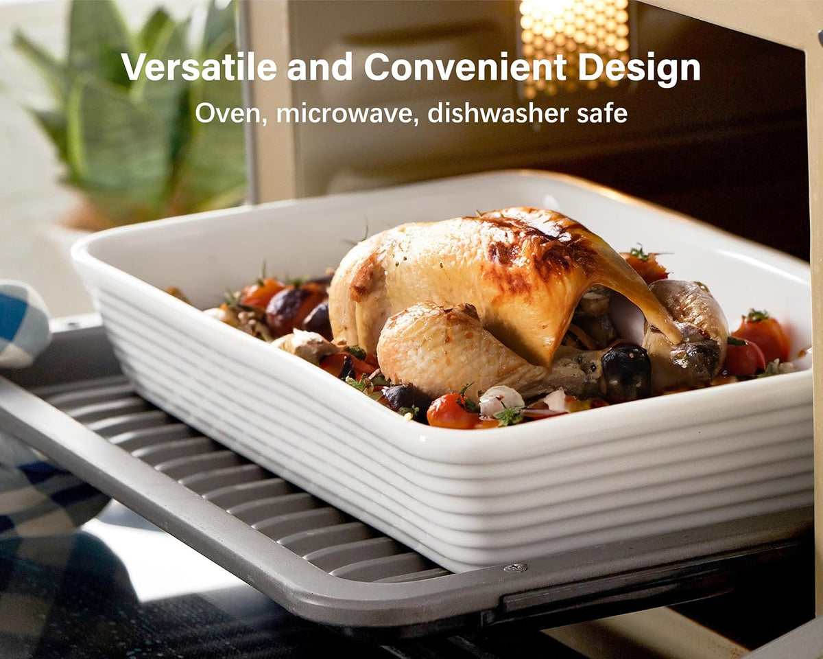 ONEMORE Ceramic Baking Dish, 9x13 Baking Pan Casserole Dish Large Rectangular Baking Dishes for Oven Deep Dish Lasagna Pan for Family Meals Ribbed White Bakeware for Roasting & Serving