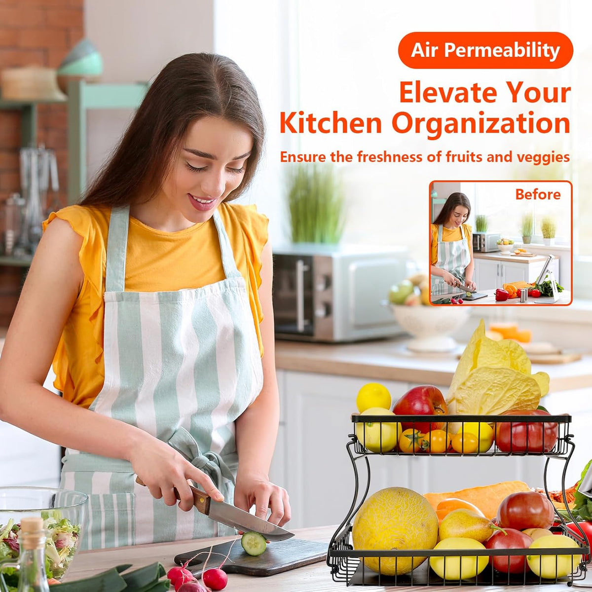 2 Tier Countertop Fruit Basket with 2 Protective Mats for Kitchen, Detachable Metal Organizer for Bread Vegetable Fruits with Wooden Handle, Large Capacity Rectangular Storage Stand Bowls, Black
