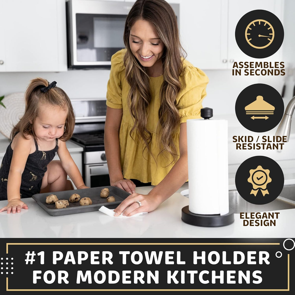 Stainless Steel Black Paper Towel Holder Designed for Easy One-Handed Operation - This Sturdy Weighted Paper Towel Dispenser Countertop Model Has Suction Cups and Holds All Paper Towel Rolls