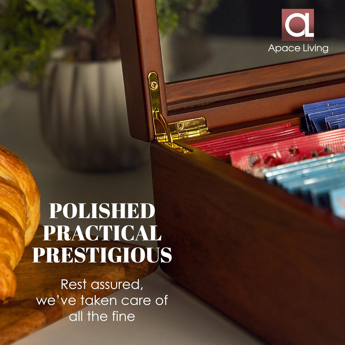 Tea Box - Luxury Wooden Tea Bag Organizer from The Apace Premier Collection - 8 Compartment Tea Storage Chest Container - Elegantly Handmade w/Scratch Resistant Window