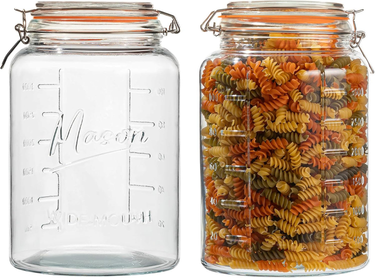 kitchentoolz 1 Gallon Glass Mason Storage Jars with Airtight Lids & Measurment Marks, Super Wide Mouth Canning Jars with Large Capacity for Pickles, Water Glassing & Overnight Oats - 2 Pack