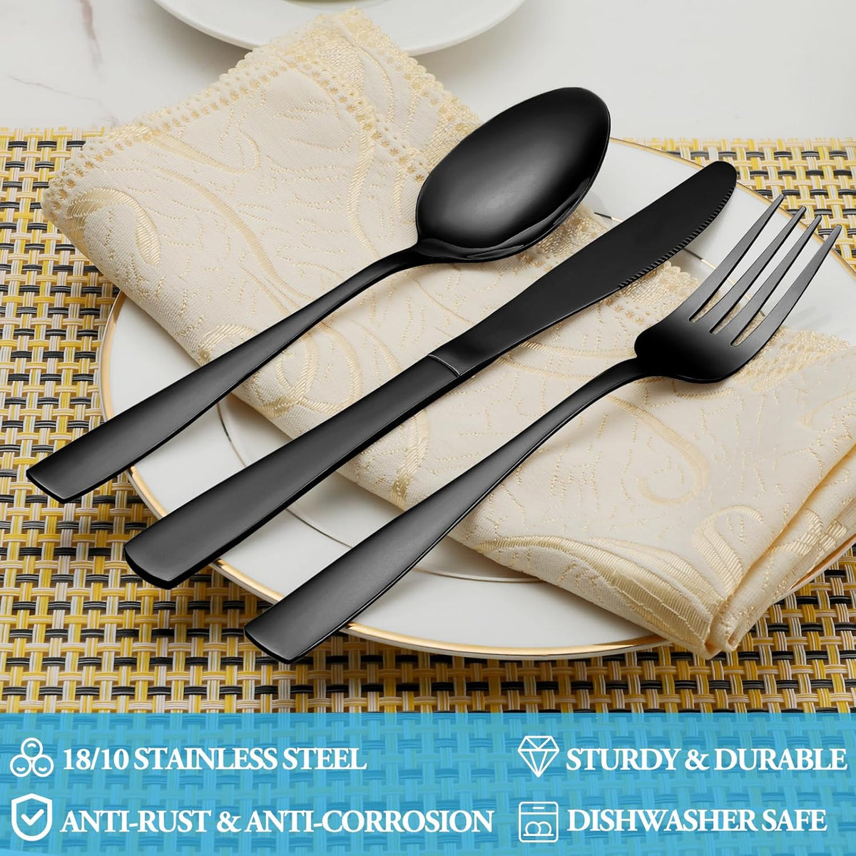 60 Pcs Black Silverware Set, Stainless Steel Flatware Set Service for 12, Mirror Polished Cutlery Utensil Set, Durable Home Kitchen Eating Tableware Set, Include Fork Knife Spoon Set, Dishwasher Safe