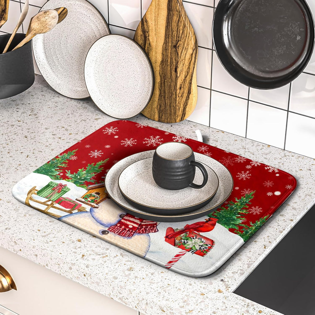 Winter Snowman Dish Drying Mat Red Bird Microfiber Dish Pad 16x18 Inch Absorbent Fast Dry Dishes Draining Mats Holiday Kitchen Accessories