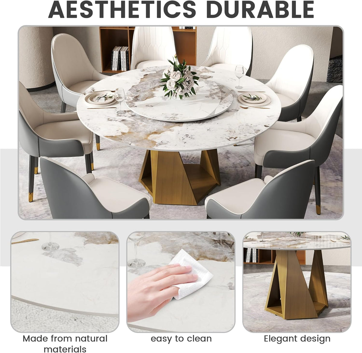 Montary 59" Modern Artificial Marble Round Dining Table with Bronze Iron Metal Base & 31.5" White Sintered Stone Turntable, Dining Room Table with Lazy Susan for 6-8 (Only Table)