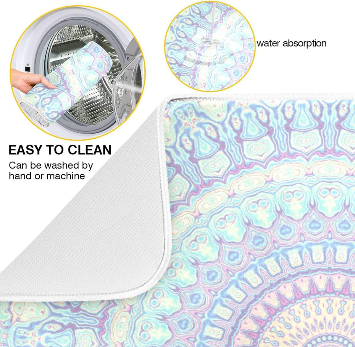 Mandala Bohemian Dish Drying Mat for Kitchen Counter Boho Ethnic Absorbent Microfiber Drying Pad, Large 18x24 in, Reversible Drainer Mats