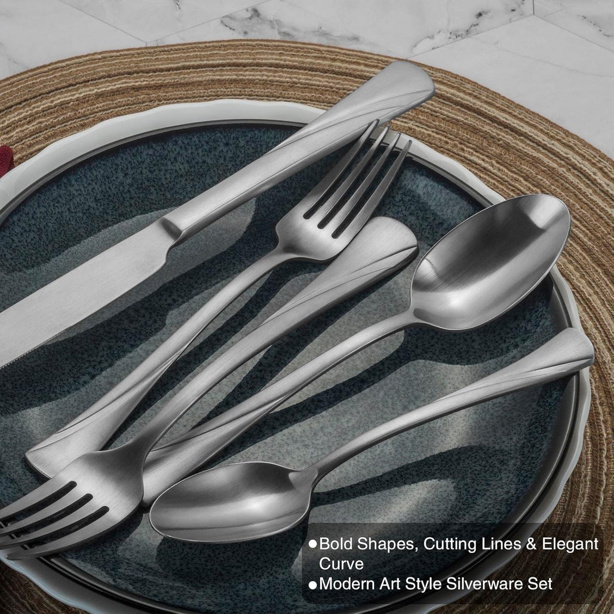 Alata Alice 40-Piece Silverware Set Stainless Steel Flatware Set,Service for 8,Matte Satin Polished Cutlery Set,Dishwasher Safe
