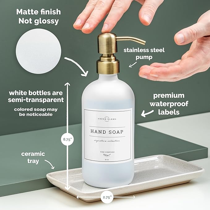Vine Creations Glass Soap Dispenser, 2 Pack Kitchen Soap Dispenser Set with Ceramic Tray, Stainless Steel Pump, Dish Soap and Hand Soap Dispensers for Bathroom or Kitchen Decor with Waterproof Labels