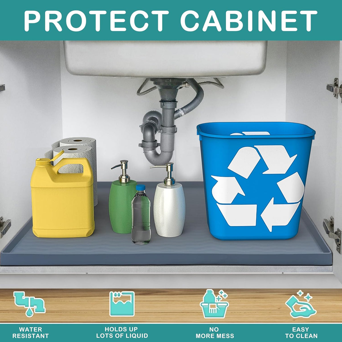 URMONA Waterproof Silicone Under Sink Mat 22'' x 14'' Shelf Liner for Kitchen and Bathroom, Cabinet and Counter Protector, Storage and Organizers, Litter Mat, Pet Cat Puppy Essentials(Light Grey)