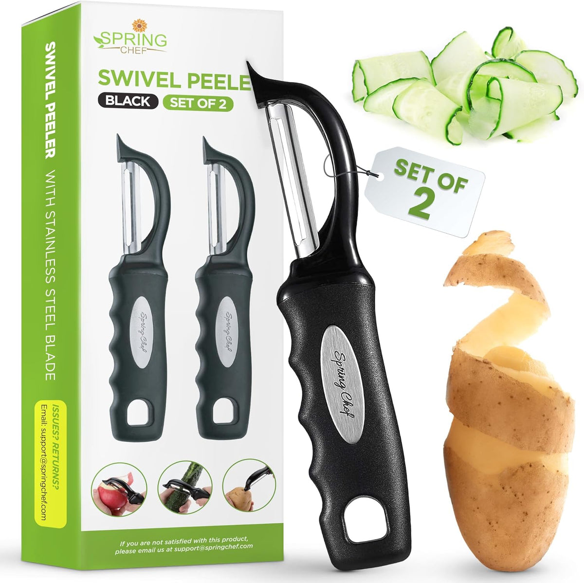 Spring Chef Premium Swivel Vegetable Peeler, Soft Grip Handle and Ultra Sharp Stainless Steel Blades - Perfect Kitchen Peeler For Veggie, Fruit, Potato, Carrot, Apple - Black - Set of 2