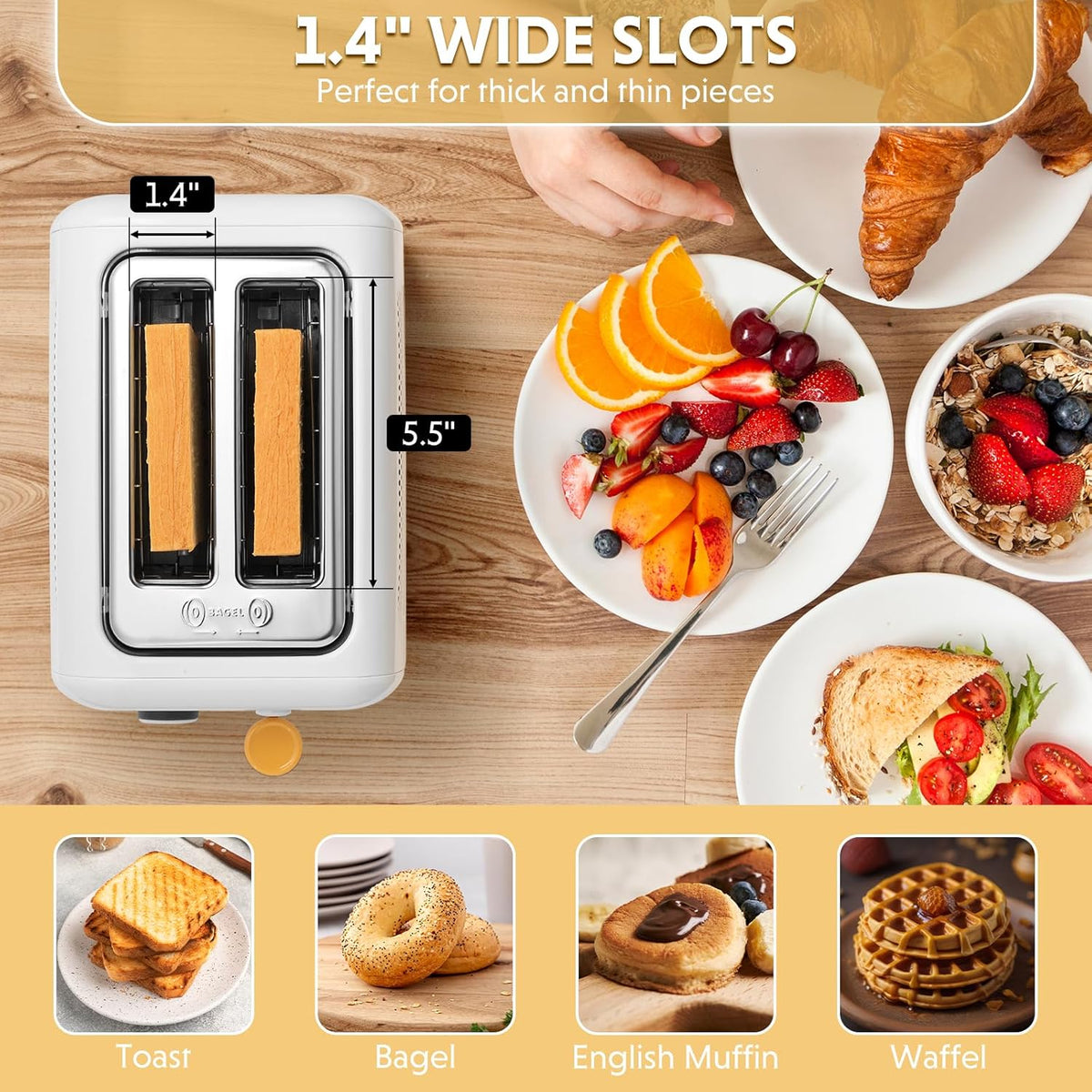 BUYDEEM DT620 2-Slice Toaster, Extra Wide Slots, Retro Stainless Steel with High Lift Lever, Bagel and Muffin Function, Removal Crumb Tray, 7-Shade Settings,Arctic White