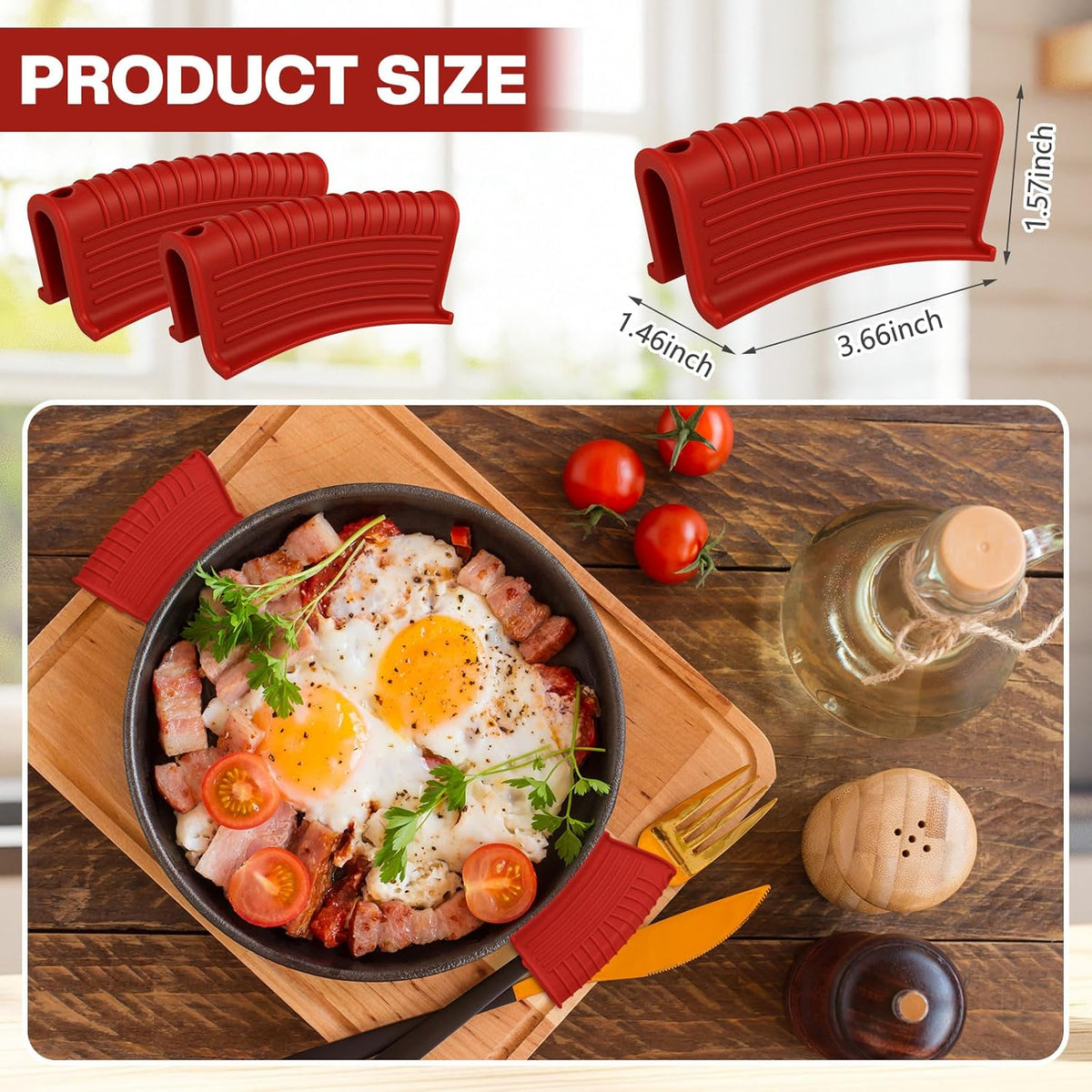 Patelai 4 Pcs Silicone Assist Hot Pan Handle Holder Pot Handle Covers for Cast Iron Skillets Holder Sleeve Nonslip Heat Resistant Pan Cover for Enameled Griddles Casserole Frying Cookware(Red)