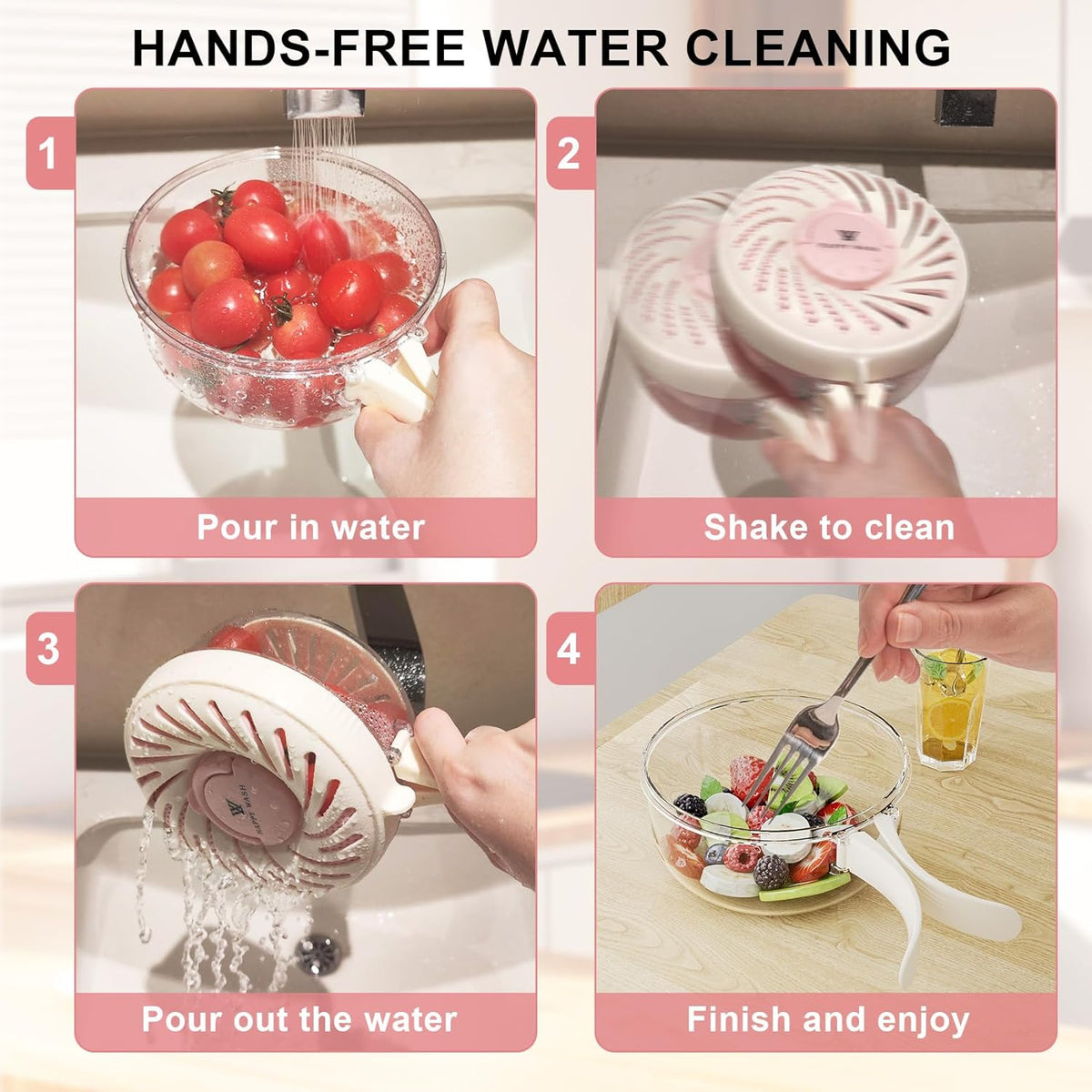 Fruit Washing Bowl with Strainer, Fruit Strainer container with Lid, Portable Fruit Colander with Collapsible Handle, 3 in 1 Fruit Fridge Container Salad Stir Fruit Cleaning Drainer for Kitchen