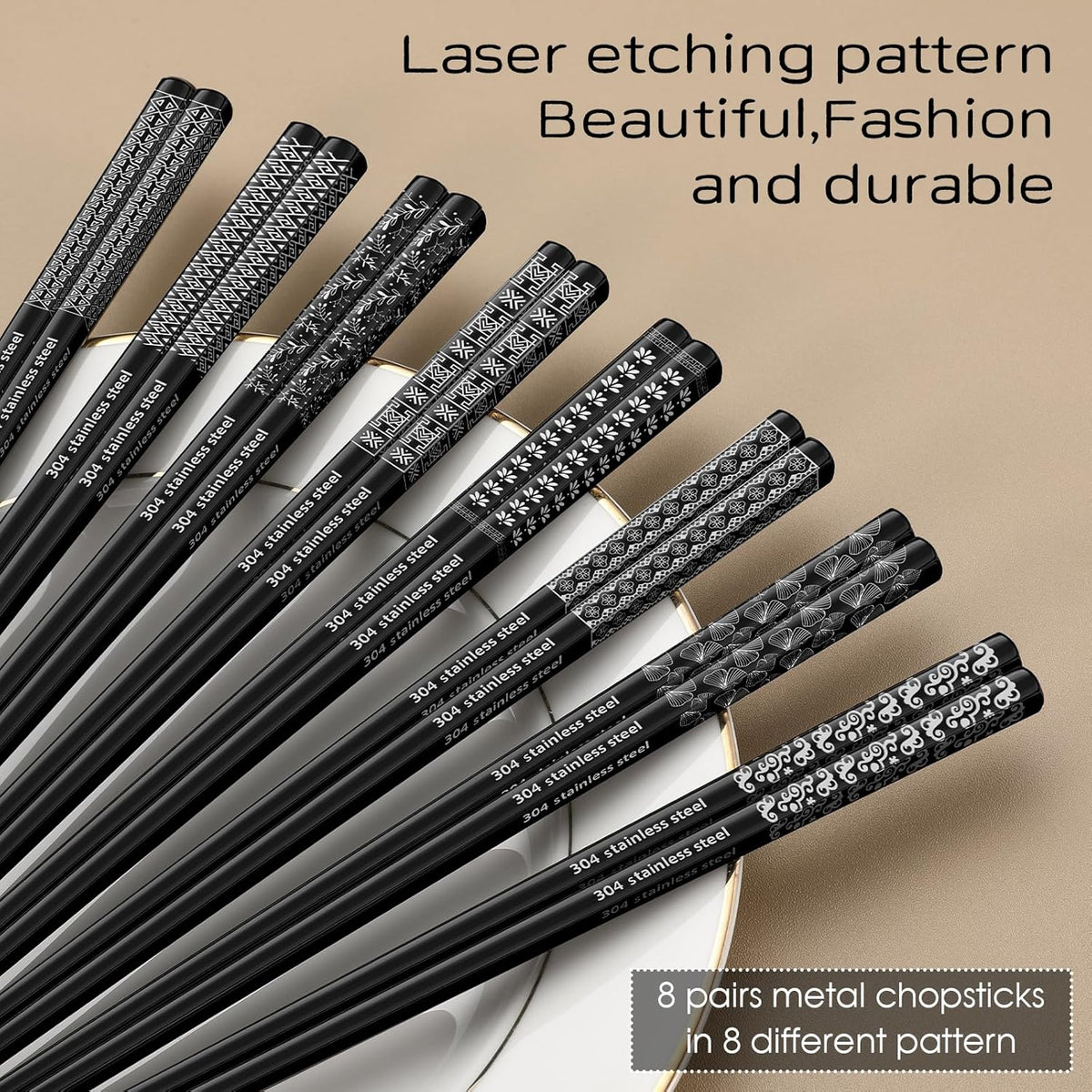 8 Pairs Metal Chopsticks Reusable Black Stainless Steel Chopsticks Set Laser Engraved Non-slip Japanese Korean Chinese Chopstick for Cooking Eating Dishwasher Safe 9.25" Chop Sticks Gift Set