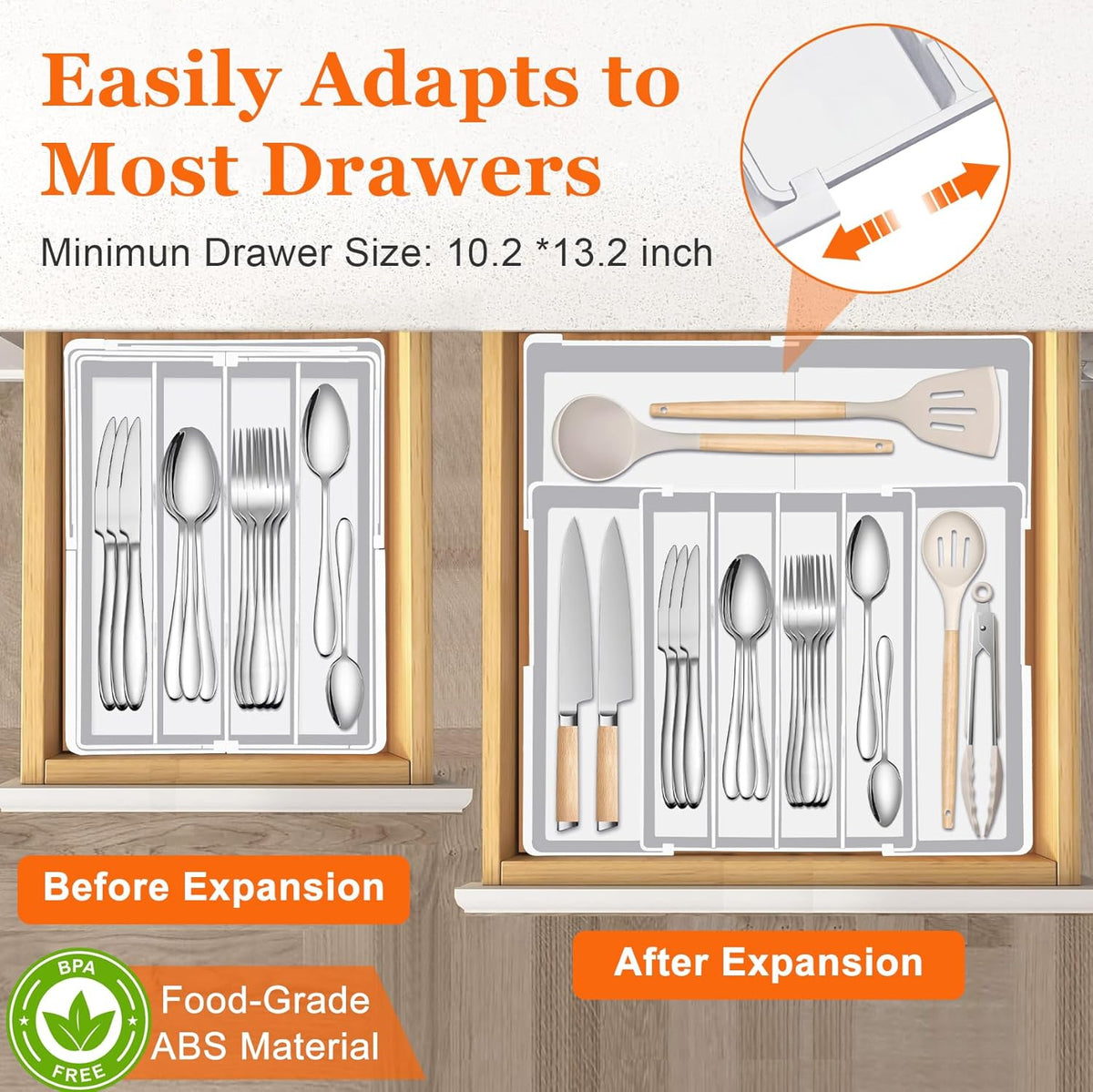 Silverware Organizer - Expandable Silverware Tray for Drawer, Adjustable Utensil Drawer Organizer for Forks, Knives, Kitchen Organizers and Storage, White