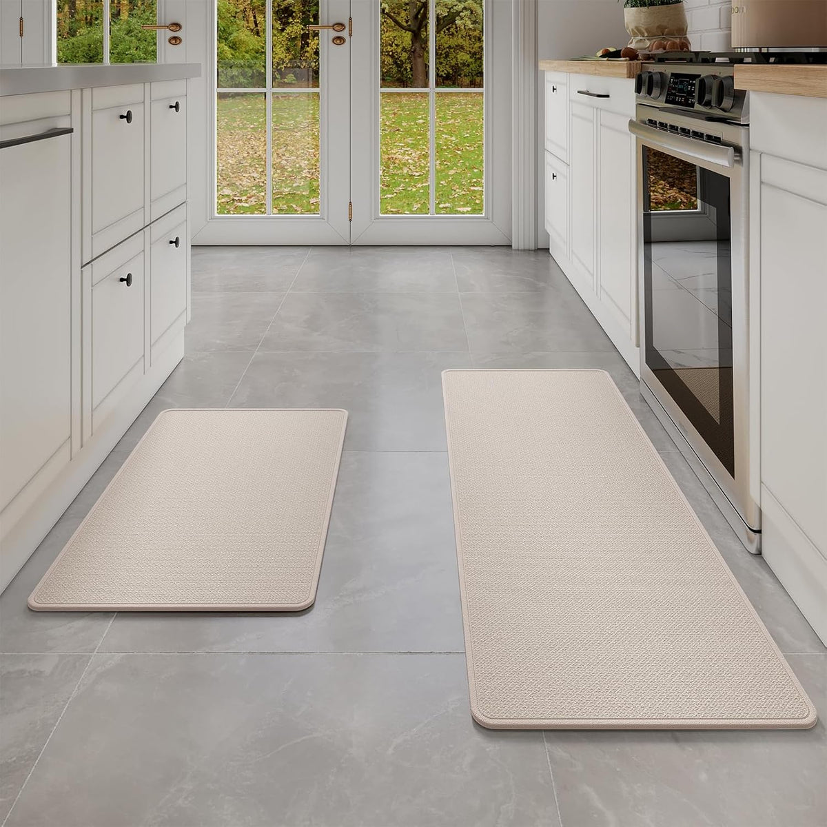 Kitchen mats for Floor Water and Oil Absorbent Runner Rugs for Kitchen, Kitchen Mat in Front of Sink,Non-Slip Kitchen Rugs,Durable Imitation Linen Kitchen Rug Beige 17x30+17x47