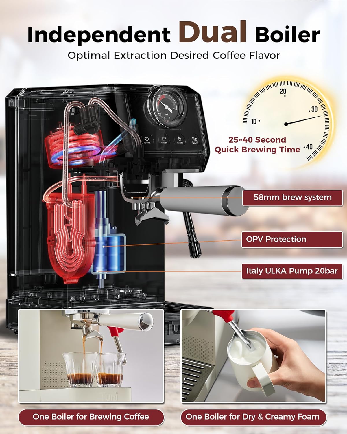Tuni E2 58mm Espresso Machine with G1 Ivory Conical Burr Coffee Grinder and Bottomless Portalfilter Combo
