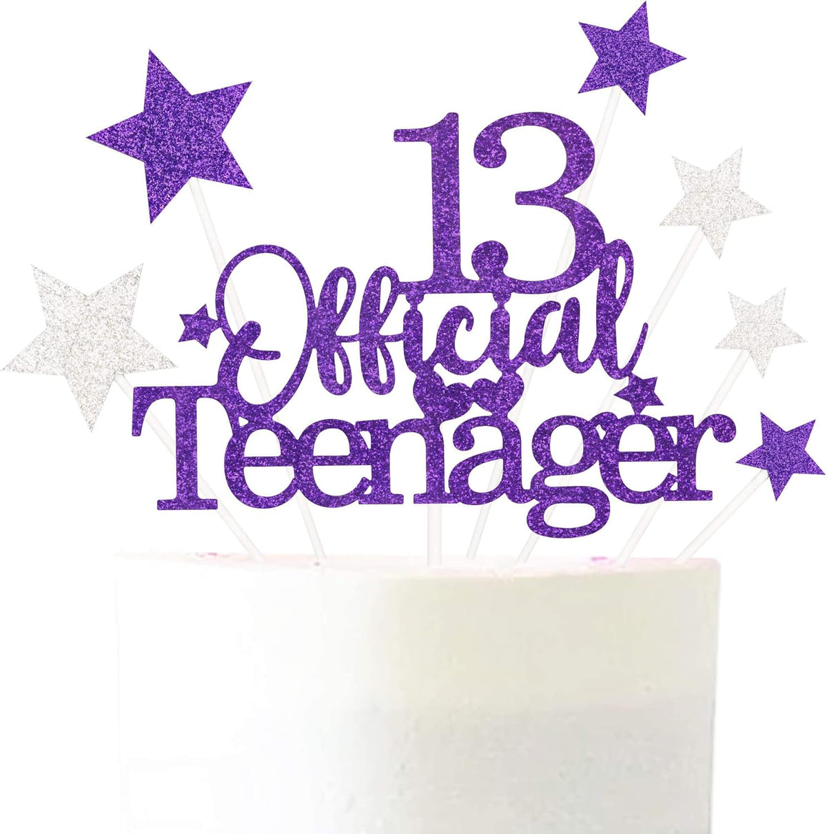 Glittery 13 Ofiicial Teenager Cake Topper with Star,13th Happy Birthday Cake Topper Party Decorations Party Supplies for Boys Girls Purple Silver