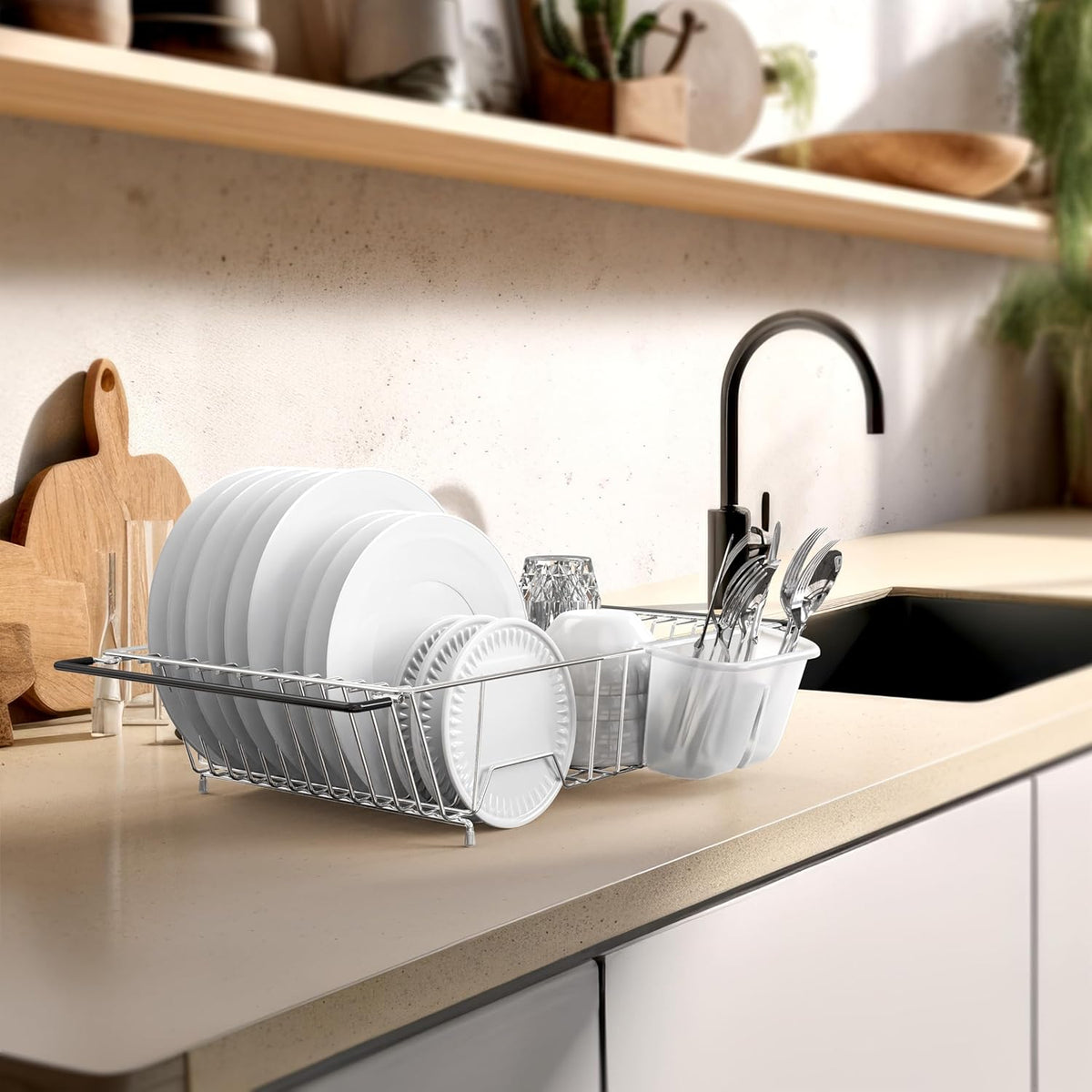 SIMPLE HOUSEWARE Large Over Sink Counter Top Stainless Steel Dish Drainer Drying Rack with Utensil Holder, Chrome