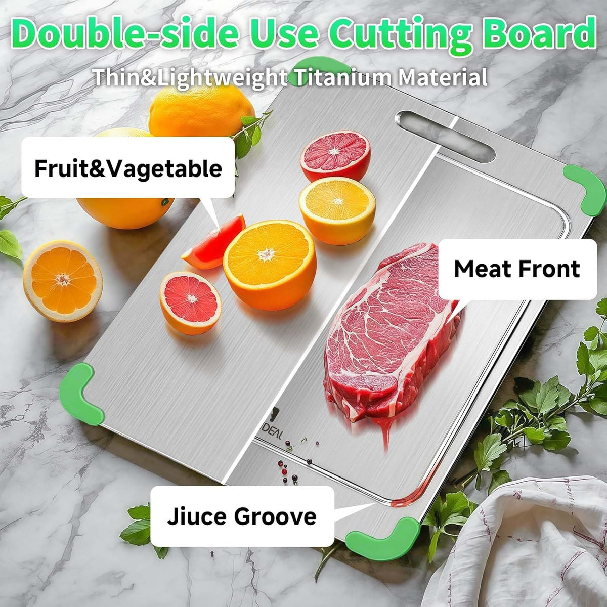 100% Pure Titanium Cutting Board with Grooves, Update Double Side Titanium Chopping Board, Silicone Anti-slip Stainless Cutting Boards for Kitchen 11 * 15 IN, Green
