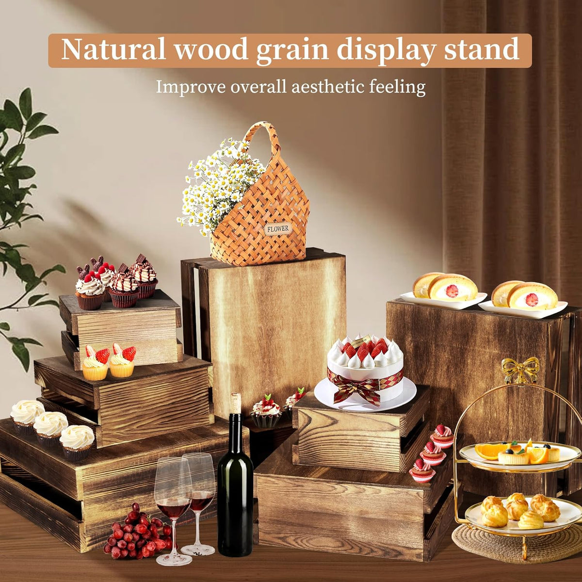 4 Pcs Buffet Risers with Mini Signs, Rustic Wood Cake Stands, Food Risers for Buffet Table, Dessert Display Stand, Wood Crates, Rustic Cake Stand for Party, Wedding, Birthday, Baby Shower, 4 Sizes