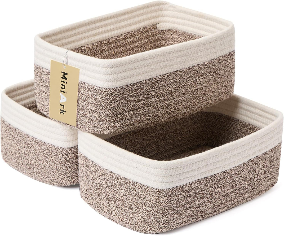 Small Storage Baskets for Organizing | Closet Organizer Bins | Shelf Toy Basket | Woven Rope Baskets | Cube Decorative Box | Shallow Basket | 11.5x7.5x4.7” | 3 Packs White Brown