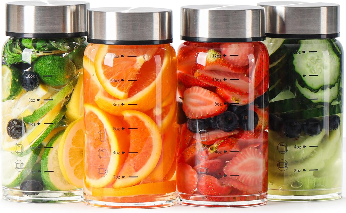 12oz Glass Juice Bottles – 4 Pack Reusable Wide Mouth Bottles with Stainless Steel Lids & Cleaning Brush, BPA-Free Water Bottles for Juicing, Smoothies, Milk, and Protein (360ml)