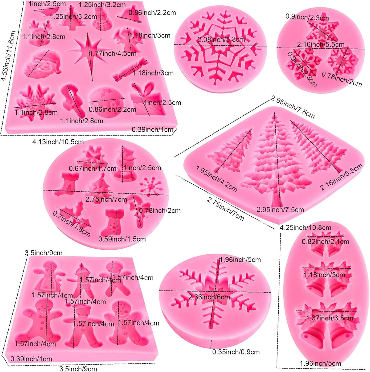 Christmas Silicone Molds Snowflake Molds Mini Xmas Fondant Chocolate Candy Cake Molds Christmas Snowman Tree Snowflake Holly Leaves Santa Claus Baking Molds for Xmas New Year Party Cake Decor