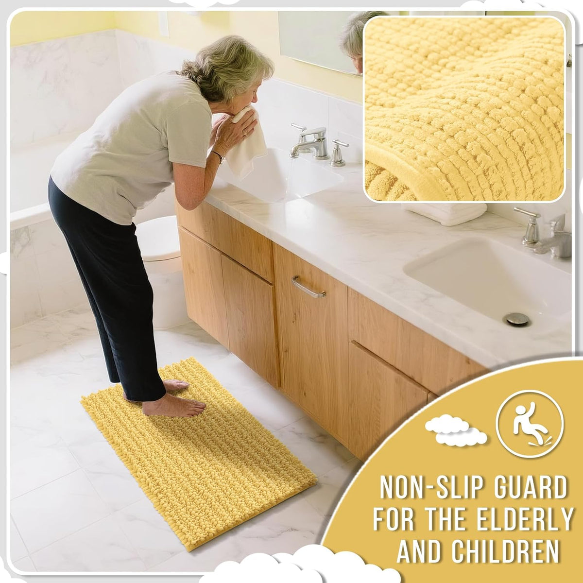 Yimobra Large Bathroom Rugs Non Slip Washable 36x24 Inch - Ultra Soft Absorbent Chenille Bath Mat, Quick Dry Shaggy Floor Carpet for Tub Shower, Yellow Home Decor Accessories
