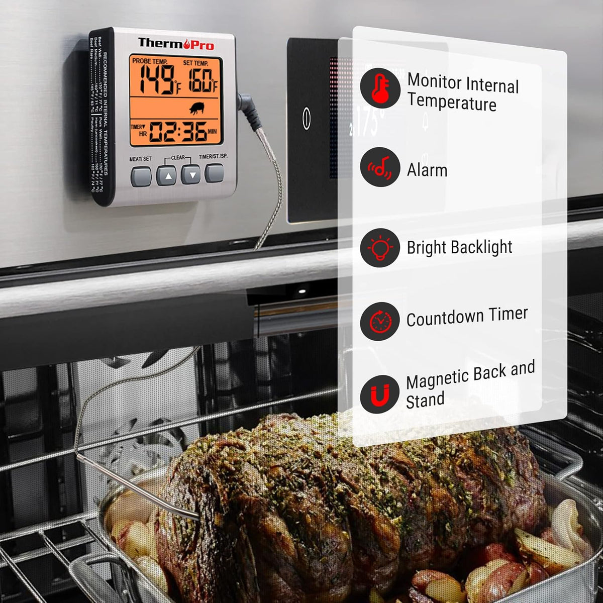 ThermoPro TP16S Digital Meat Thermometer for Cooking and Grilling, BBQ Food Thermometer with Backlight and Kitchen Timer, Grill Temperature Probe Thermometer for Smoker, Barbecue, Oven, Baking,Oil