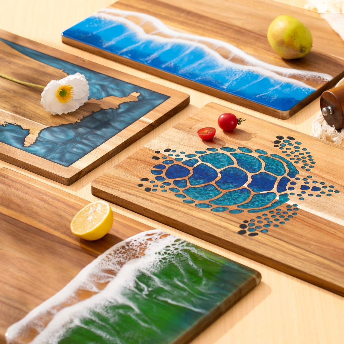Acacia Wood Cutting Board With Blue Resin Wave & Sea Turtle Epoxy Resin Ocean Pan for Kitchen Meal Prep Serving Tray Versatile Cheese & Charcuterie Board for Meat Vegetable Gift 15*10 inch