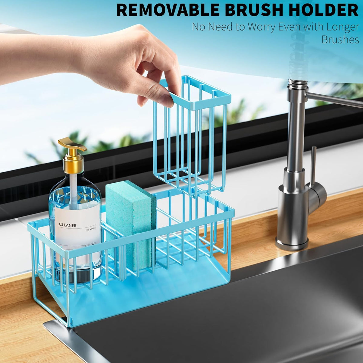 Cisily Blue Kitchen Sink Caddy Organzier with High Brush Holder, Sponge Holder for Sink, 304 Rustproof Stainless, Kitchen Countertop Soap Dispenser Organizer, Home Decor and Accessories