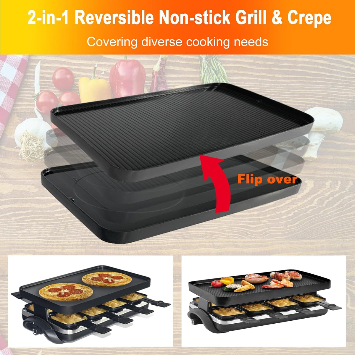 TAMARIT Raclette Table Grill Portable 3 in 1 Korean Barbecue BBQ Grill Electric Indoor Grill with Non-Stick Reversible Grilling Plate & Cooking Stone for Steak 1400W Raclette Grill for 8 Person, Black
