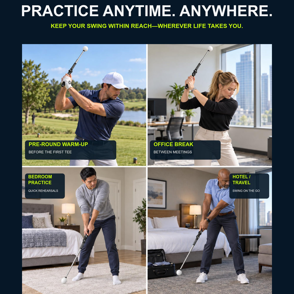 FODESAN Retractable Golf Swing Trainer, Training Aid with Grip Trainer, Swing Mechanics for Beginners & Tempo Training for Advanced, Click Feedback, Muscle Training, Indoor/Outdoor