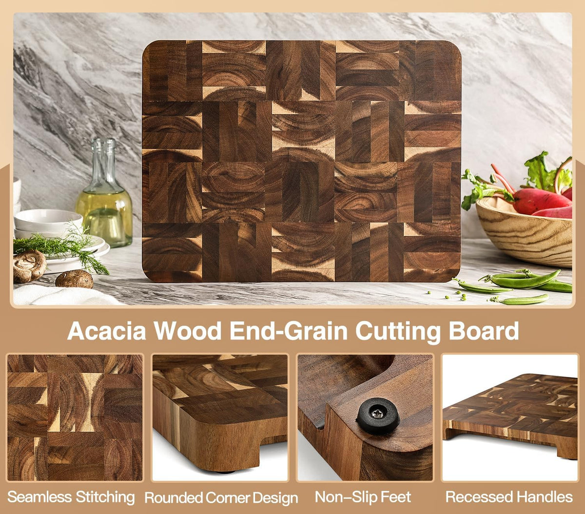 XINZUO Large Thick End Grain Acacia Wood Cutting Board -(16‘’L x 12''W x 1.6''T)-Dark Wood Cutting Board,Reversible Wooden Chopping Board with Non-Slip Feet-Catches Food and Waste-Giftbox