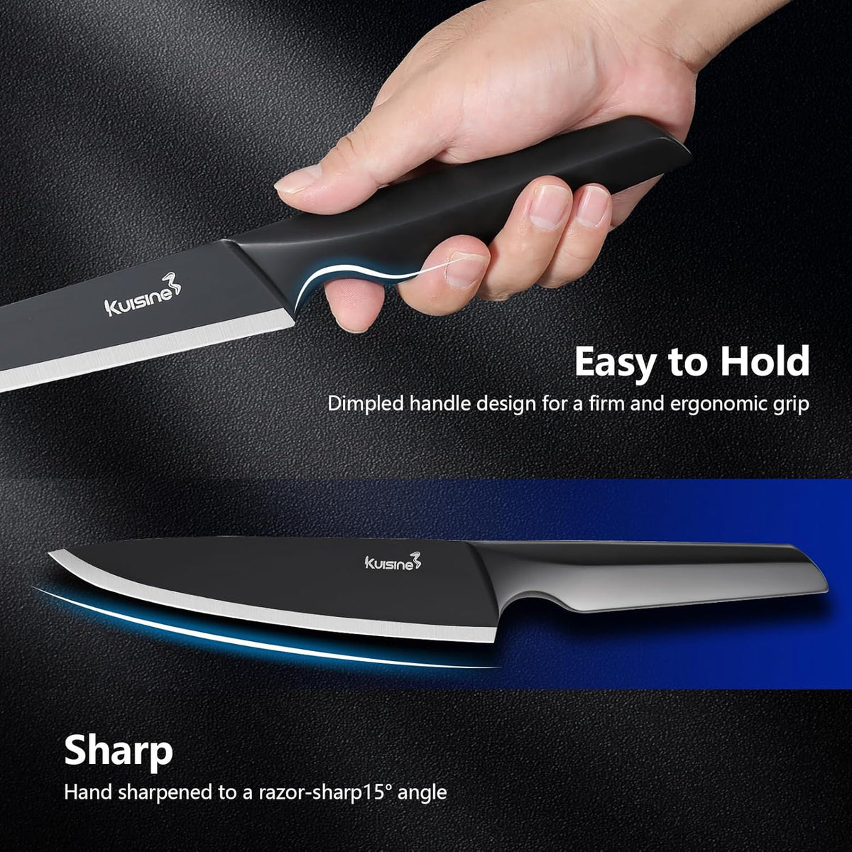 Kuisine Premium Knife Set,One-piece Steel Molding,High Carbon Stainless Steel Ultra Sharp,Non-slip Ergonomic Solid Steel Handle,Built-in Sharpener Knife Block Set,Luxury Gift(15PCS,Black)