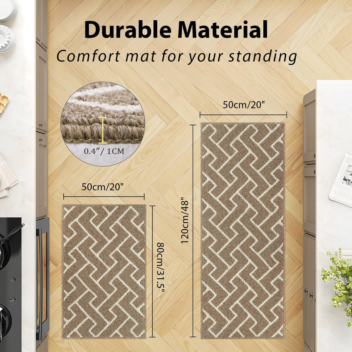 hicorfe Kitchen Rugs and Mats Sets,Non-Slip 2 Pieces Absorbent 100% Polypropylene Rug,Comfort Kitchen Runner Mat,Washable for Kitchen,Sink,Laundry(20" x 31.5" Plus 20" x 48",Beige)