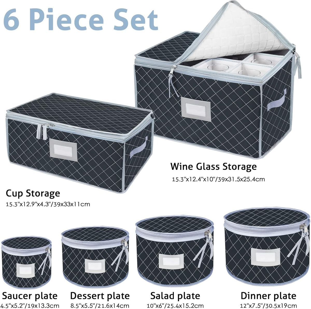 VERONLY China Dinnerware Storage Containers Set- Dish,Mug,Stemware Storage Cases - Quilted Box Bins Stackable with Divider,handles,Clear Window for Cups,Plates,Wine Glasses Moving Set of 6 (Grey