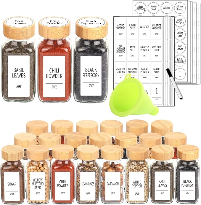 SWOMMOLY 24 Glass Spice Jars with 366 Labels, 6 oz Spice Jars with Bamboo Lids, Empty Bottles with Shaker Lids, Spice Containers with White Spice Labels,Chalk Marker, Funnel.