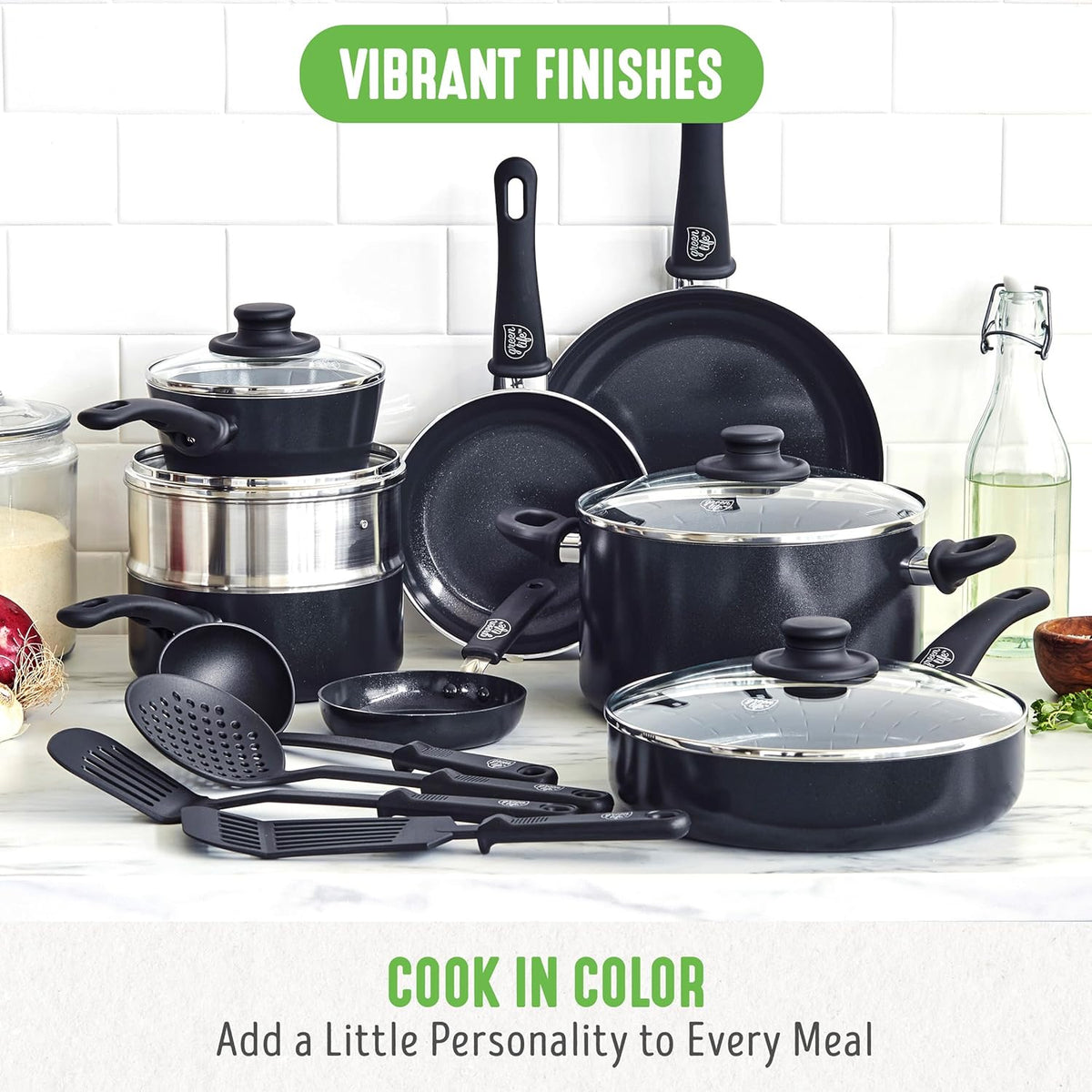 GreenLife 16 Piece Nonstick Cookware Set, Soft Grip Non-Toxic PFAS-Free Ceramic Pots & Pans, Dishwasher & Oven Safe, Frying, Sauce, Saute, Utensils, Glass Lids, Stay-Cool Handles, Wobble Free, Black