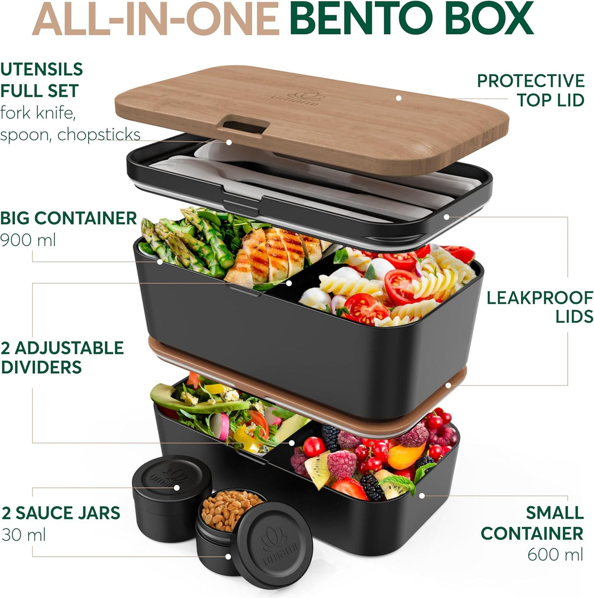 Umami Premium Lunch Box Containers w/ 4 Utensils, 2 Sauce Jars, Nestable Space-Saving Bento Box Adult, 100% Leakproof, Microwavable Lunch Containers for Adults, Cherry Black, 50 oz