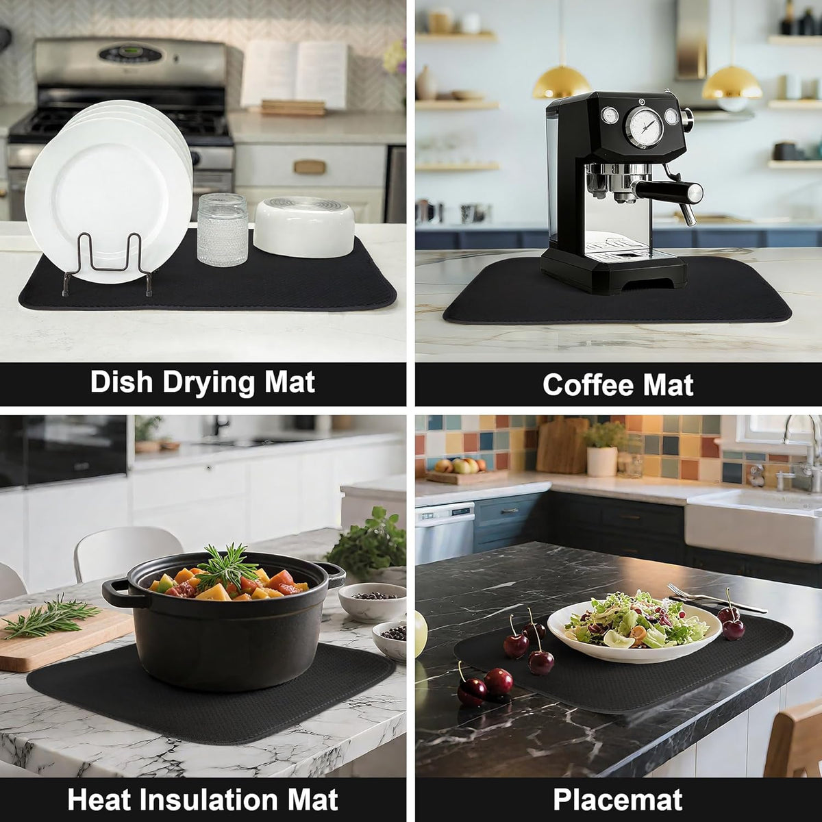 Black Dish Drying Mats 20" x 15", XL Kitchen Drying Mat for Counter, Microfiber Dish Dryer Mat, Microfiber Dish Rack Mat, Foldable Dish Drying Pad for Dishes, Pots, Pans (Black)